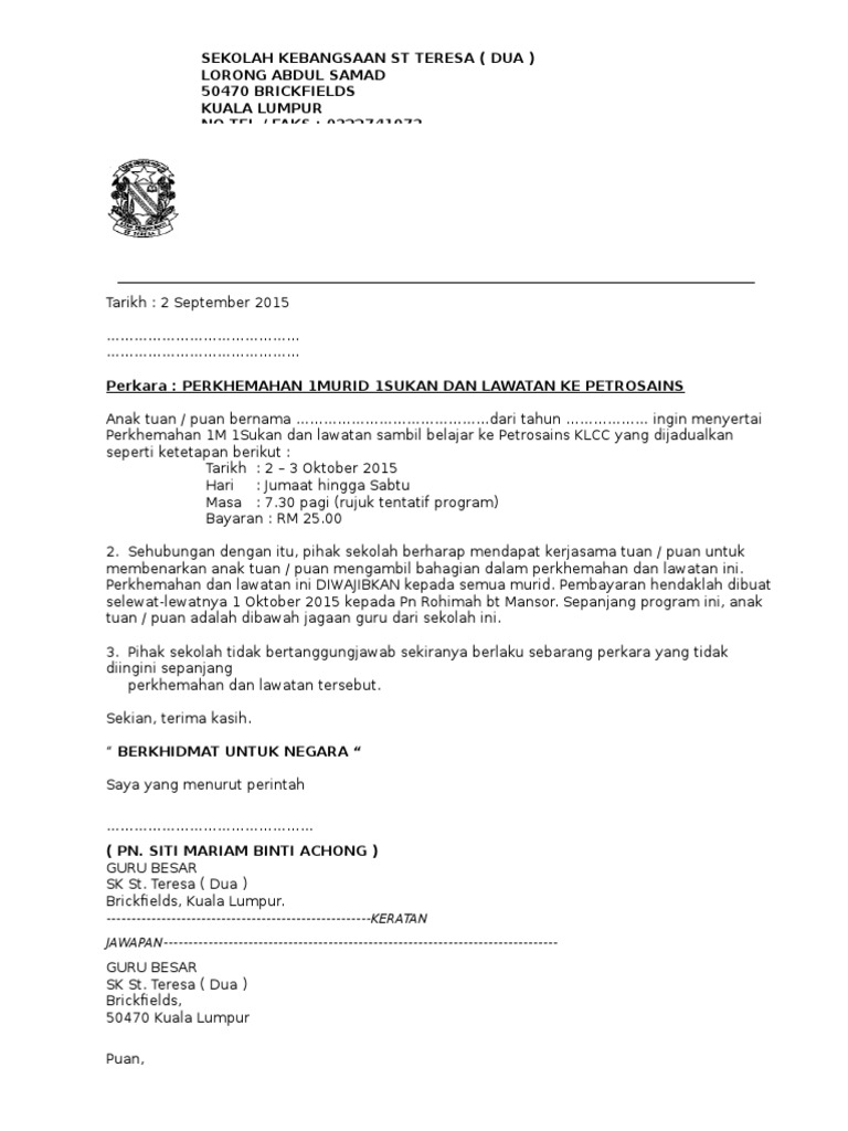 Contoh Surat Kebenaran Kepada Pihak Polis Perarakan Merdeka Sekolah
