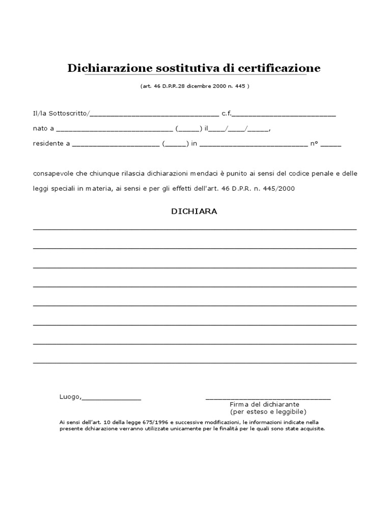 Modello Autocertificazione Generico Word