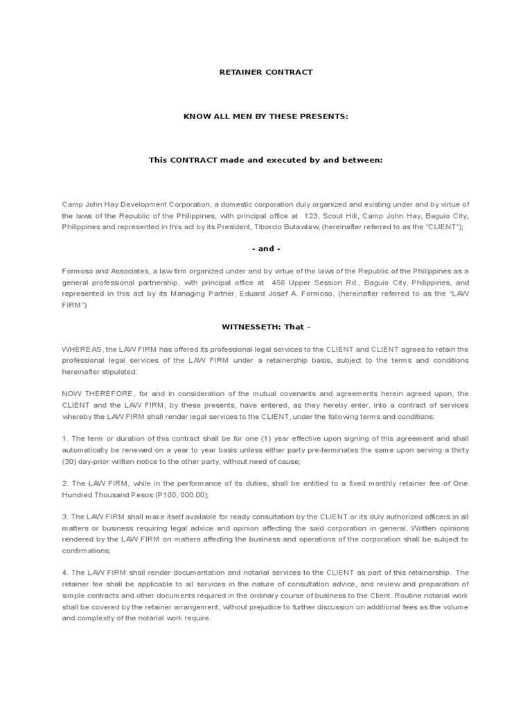 Retainer Contract Between Lawyer and Client Long Form Law Firm Lawsuit