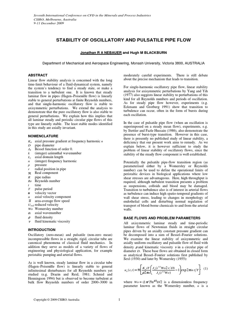Stability of Oscillatory and Pulsatile Pipe Flow: Jonathan R A Nebauer ...