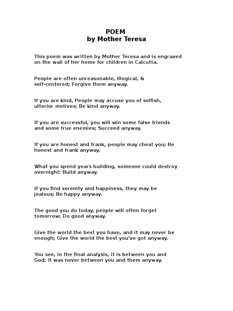 Mother Teresa Do It Anyway Printable Free