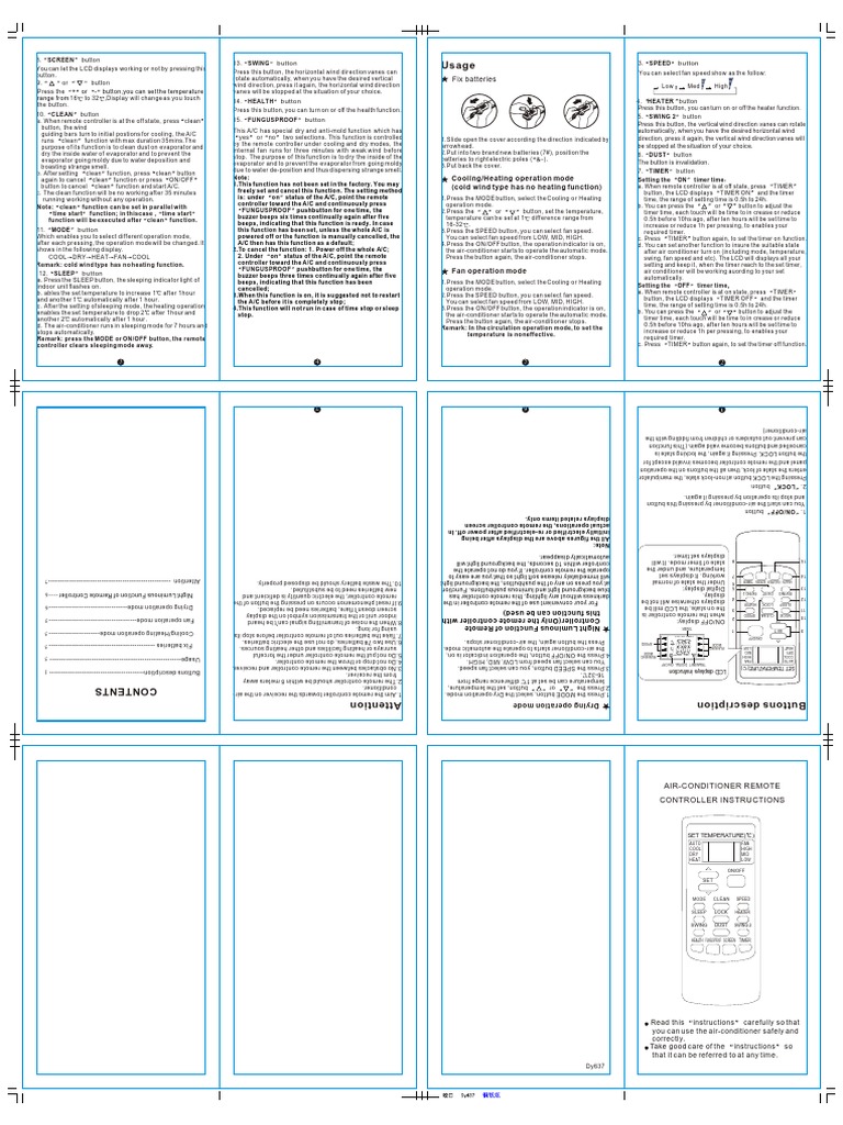 Aux Amh14a4sar1 Remote Control User Manual S Series Air Conditioning Wound