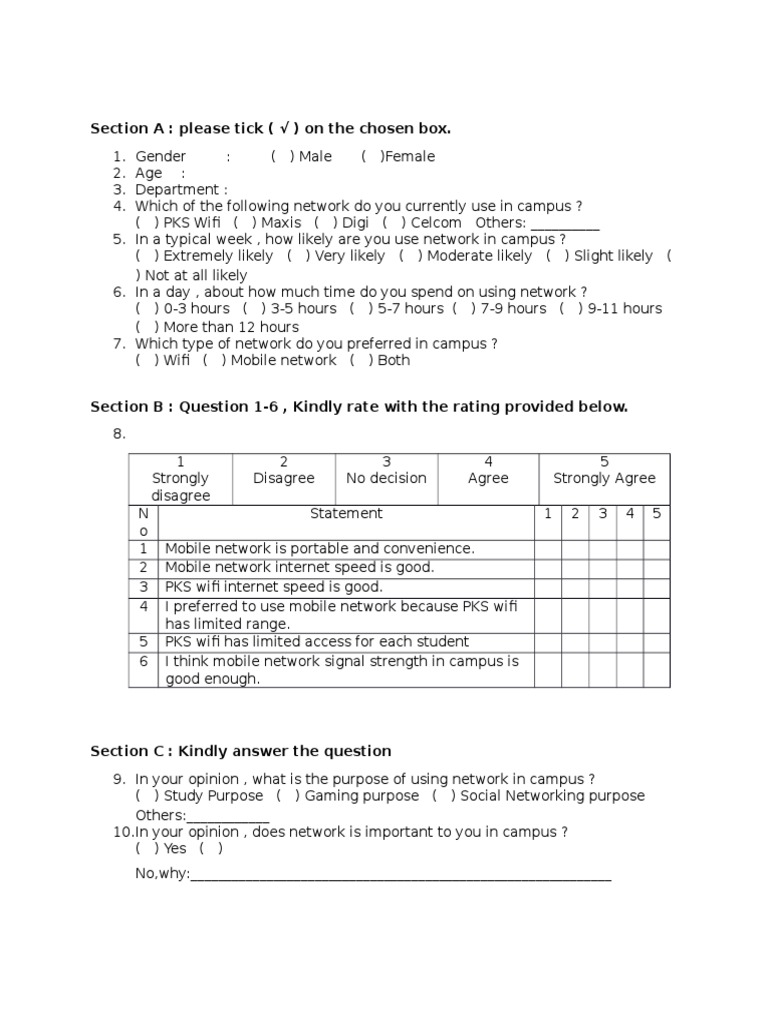 Campus Network Usage Survey Form | PDF