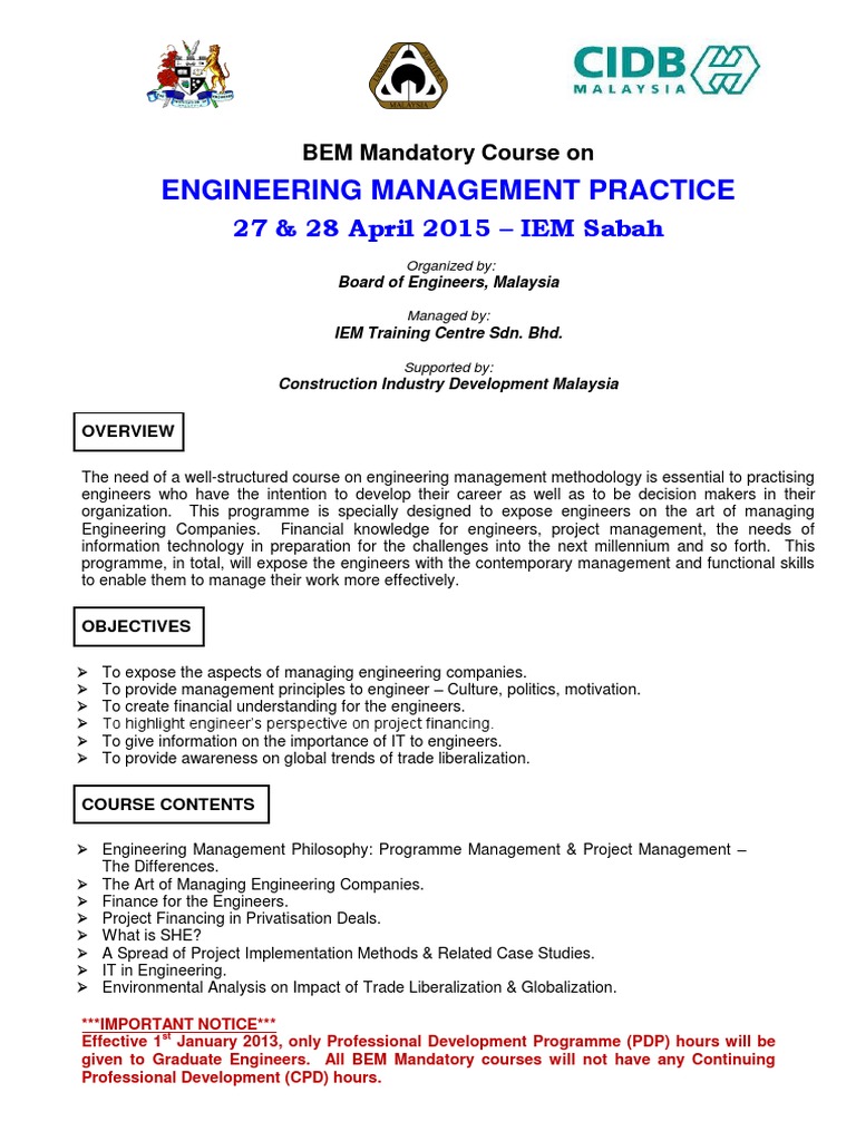 Engineering Management Practice: 27 & 28 April 2015 - IEM Sabah | PDF ...