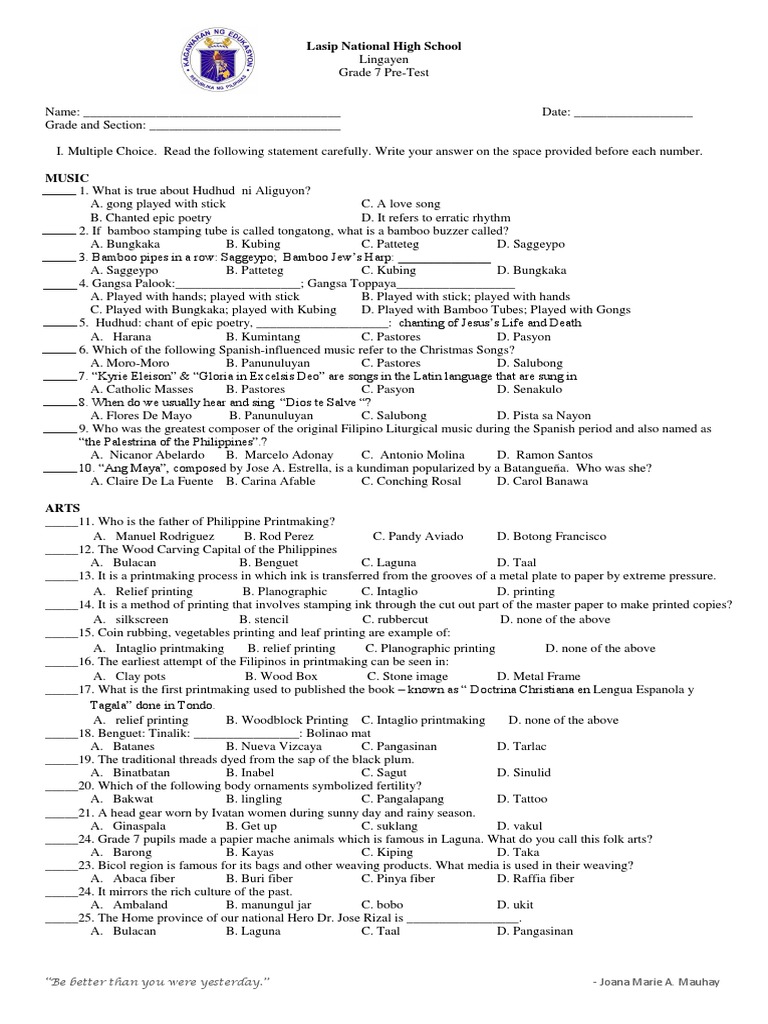 Grade 7 Pre Test Pdf Physical Fitness Aerobic Exercise