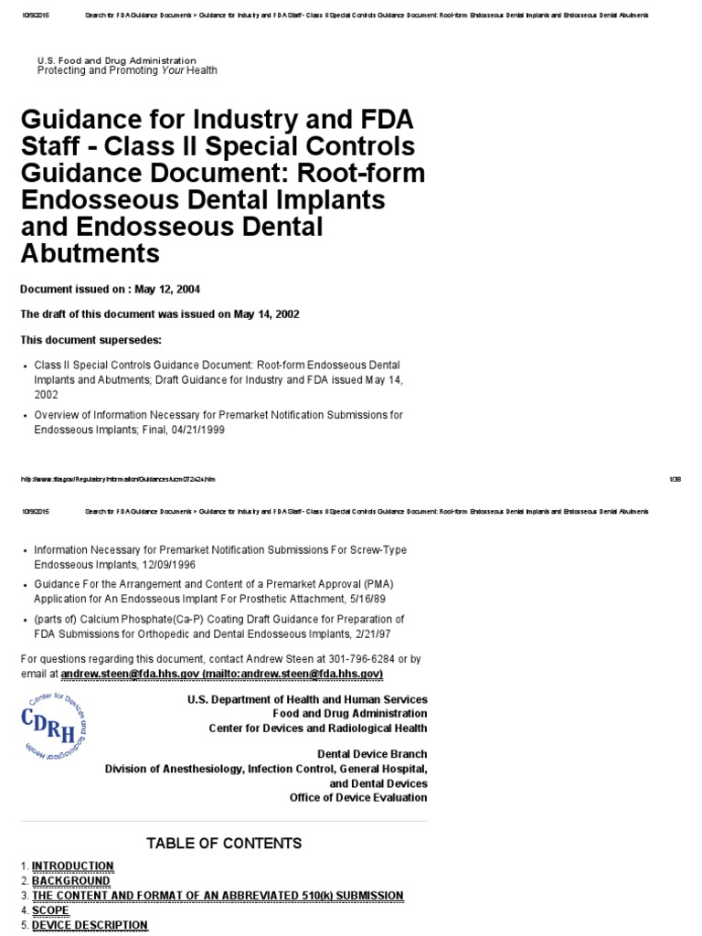 FDA Guidance on Dental Implants | PDF | Dental Implant | Federal Food