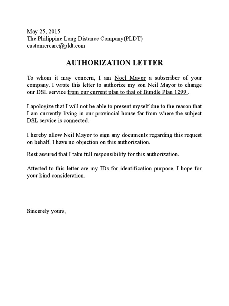 PLDT Authorization Letter Sample