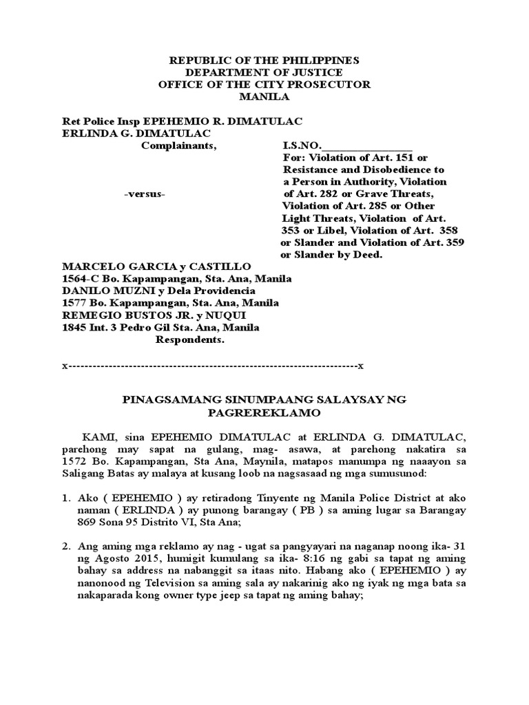 Complaint Affidavit For Slander - Sept 23 | PDF