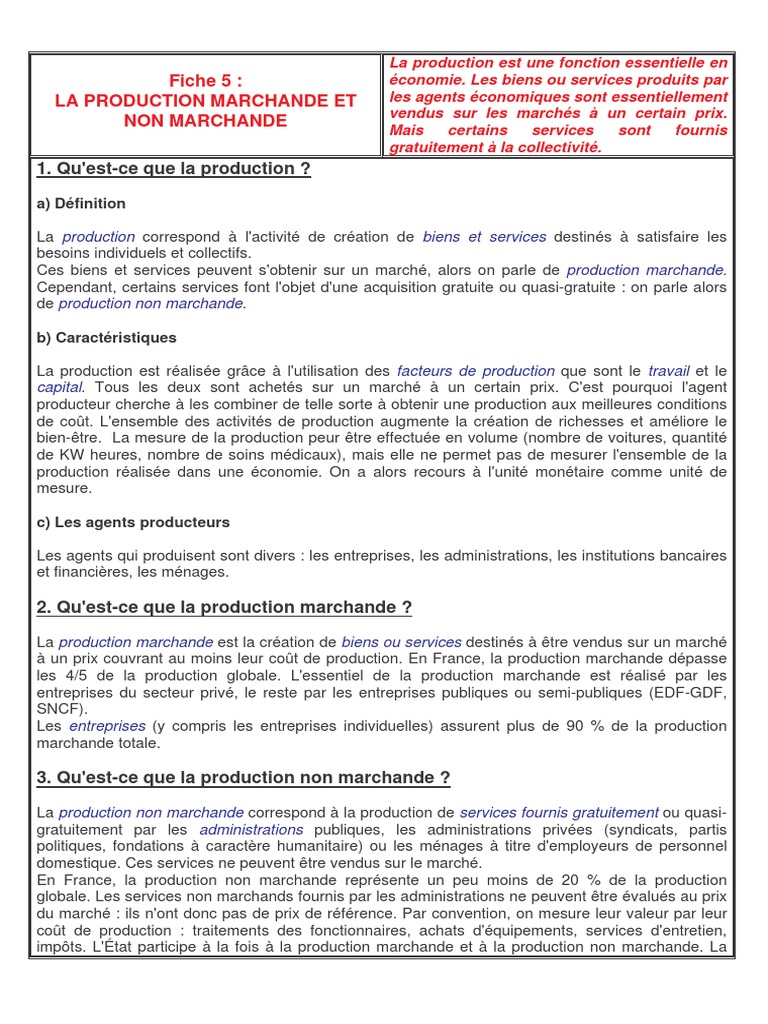 Difference Production Marchande Et Non Marchande Fiches de Cours Production Marchande Et Non Marchande | Prix | Marché