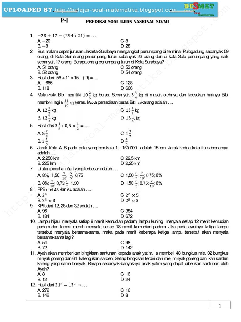 40 Soal Try Out Sd Kelas 6 Pelajaran Matematika
