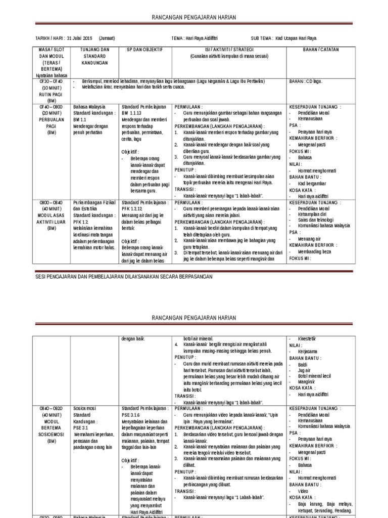 Rancangan Pengajaran Harian Prasekolah  PDF