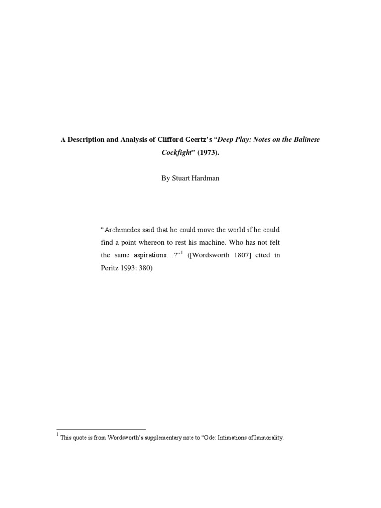 "Deep Play" A Review of Clifford Geertz's 1973 Essay by Stuart Hardman