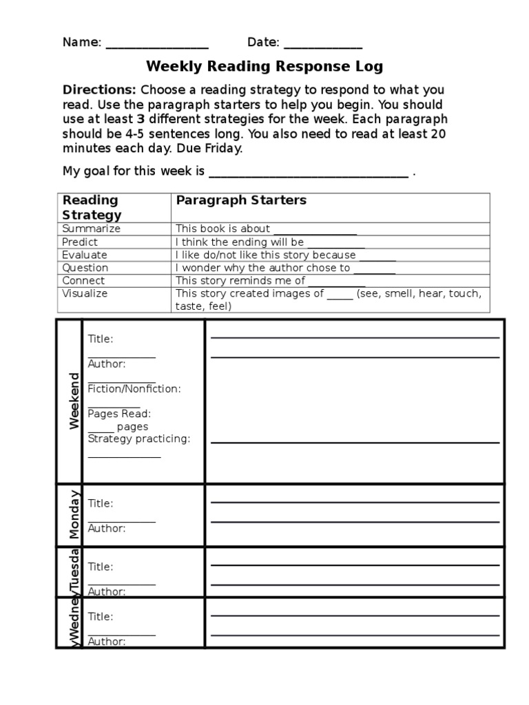 Weekly reading log pdf