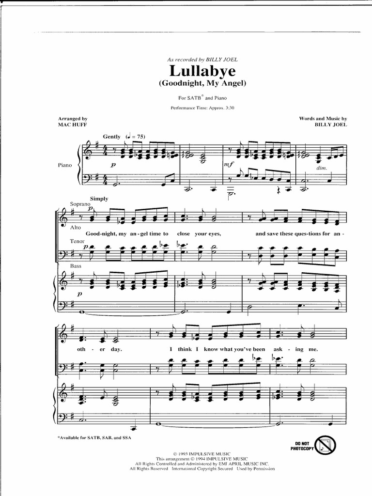 Inhalar Destilar nuestra Lullabye - Billy Joel SATB7L - P Piano PDF | PDF