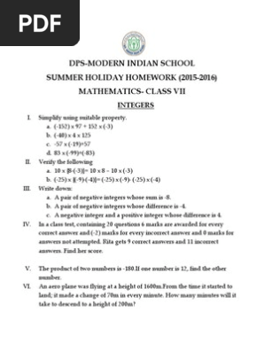7th Math Holiday Homework 2015 16 Angle Integer