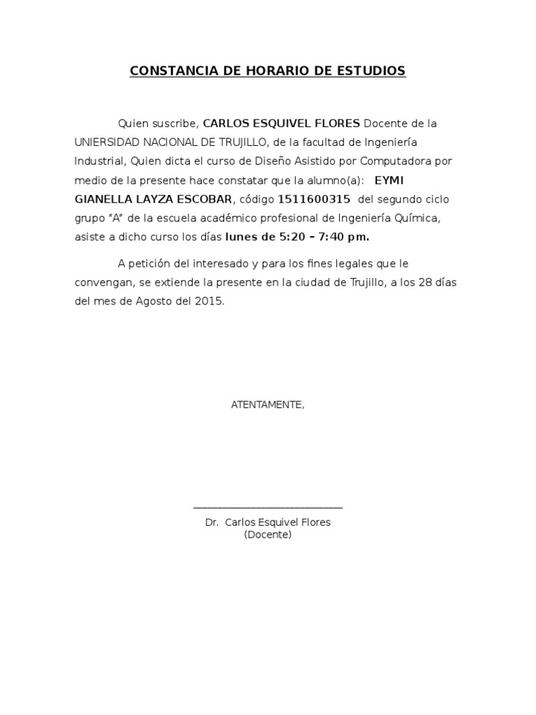 Constancia de Horario de Estudios | Descargar gratis PDF | Ingeniería ...
