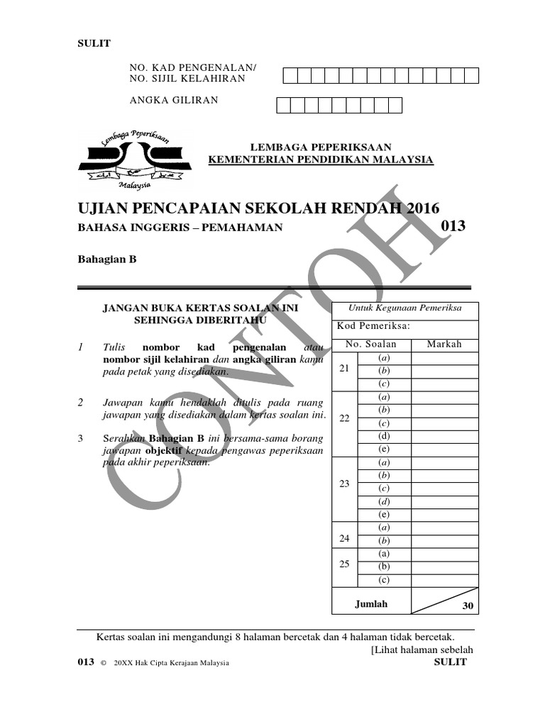 Instrumen Contoh Bahasa Inggeris Pemahaman B UPSR 2016  PDF 