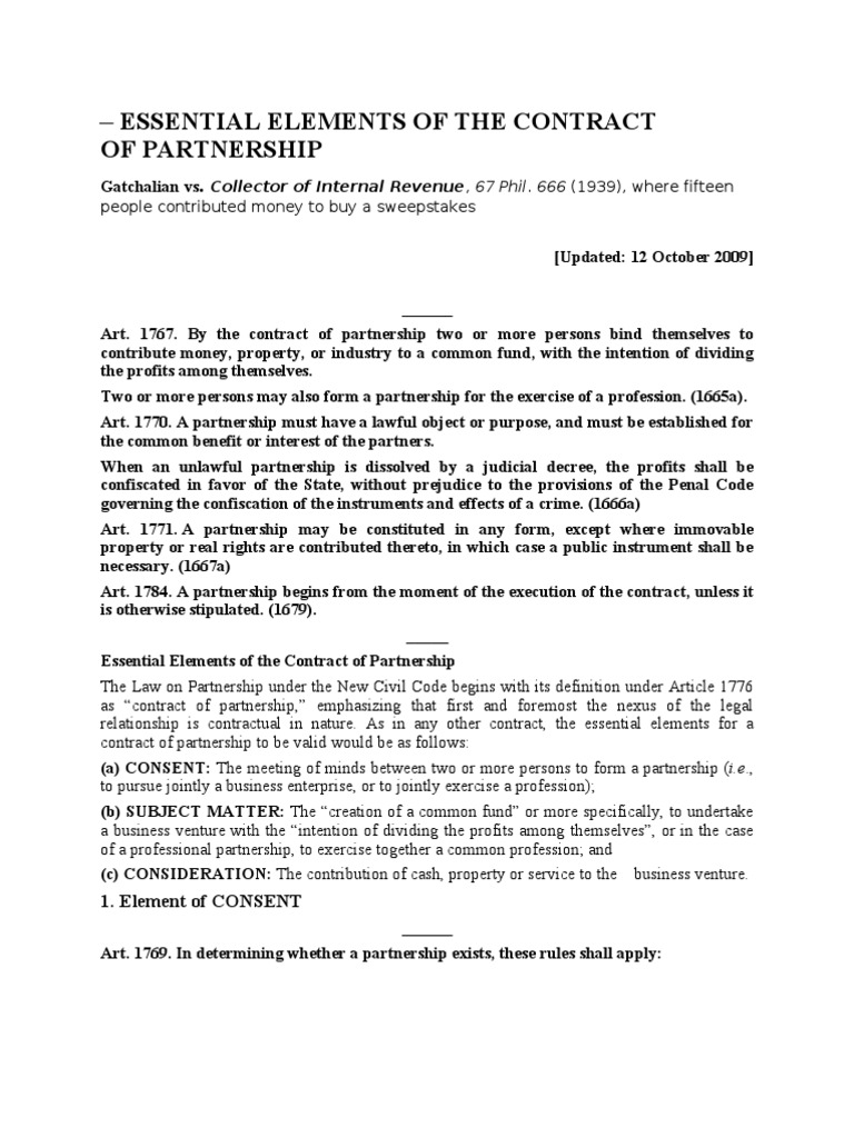Essential Elements of The Contract of | PDF | Partnership | Lease