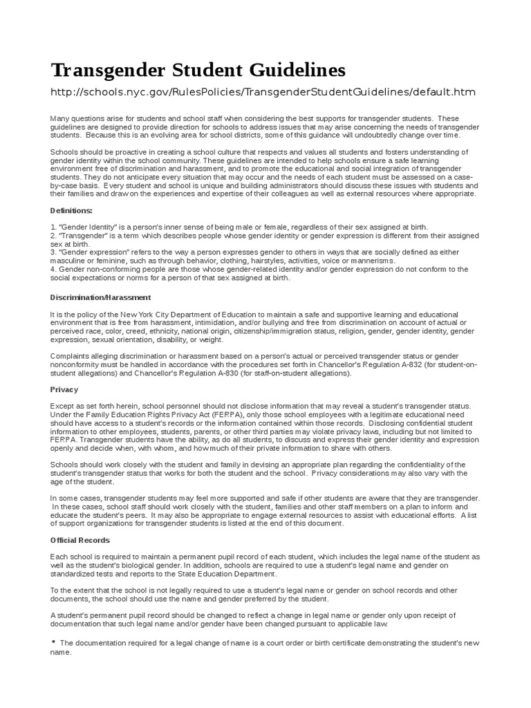 NYC Guidelines for Transgender Students | PDF | Transgender | LGBTQIA+ ...