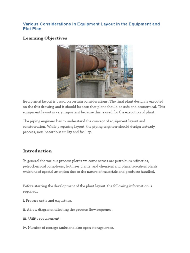 Various Considerations in Equipment Layout in The Equipment and Plot