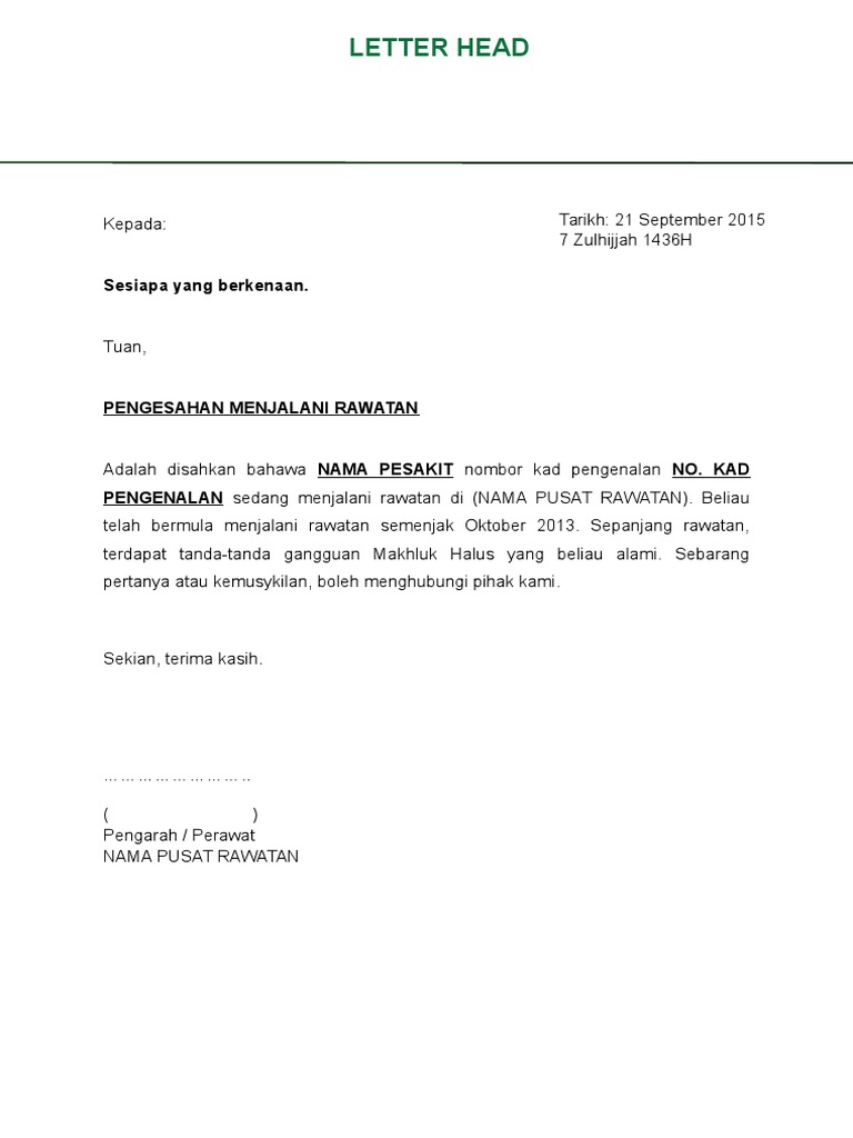 Format Surat Pengesahan Rawatan Alternatif