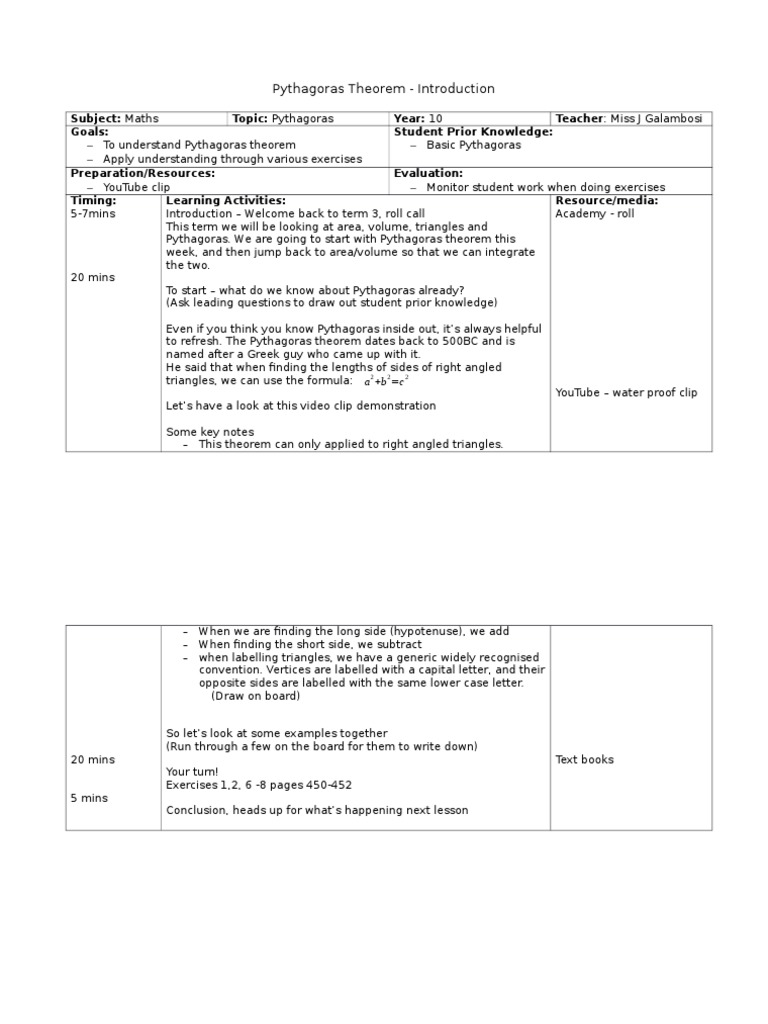 Pythagoras Theorem Lesson Plan | PDF