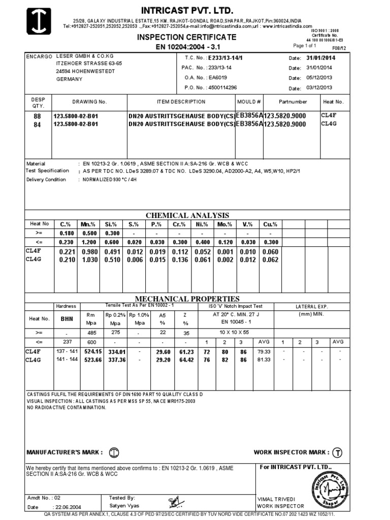 Inspection Certificate for Castings Compliance | PDF | Technology ...