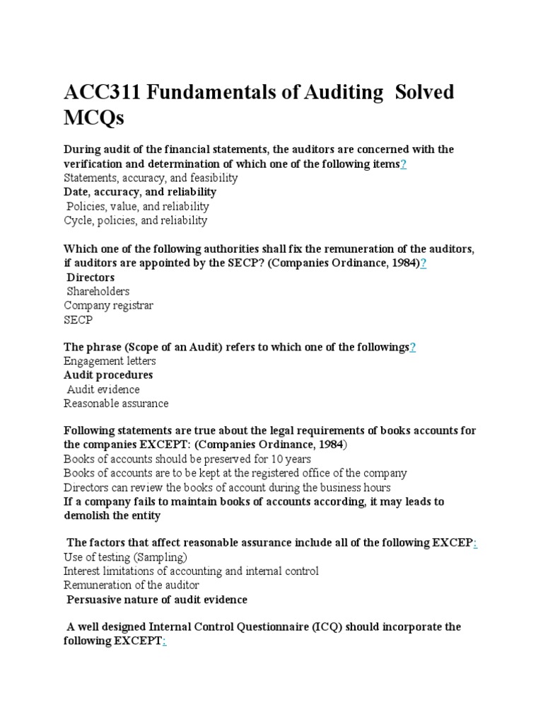 ACC311 Auditing Fundamentals MCQs | PDF | Financial Audit | Audit