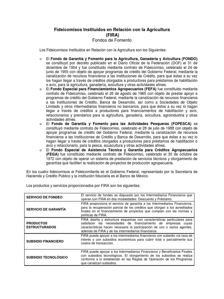 Descripcion Fira Ley De Fideicomiso Bancos
