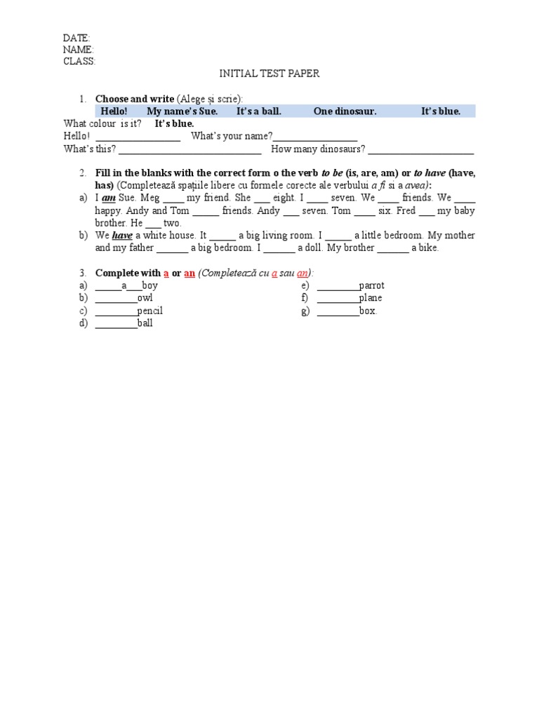 Initial English Test Paper for Kids | PDF | Language Arts & Discipline ...