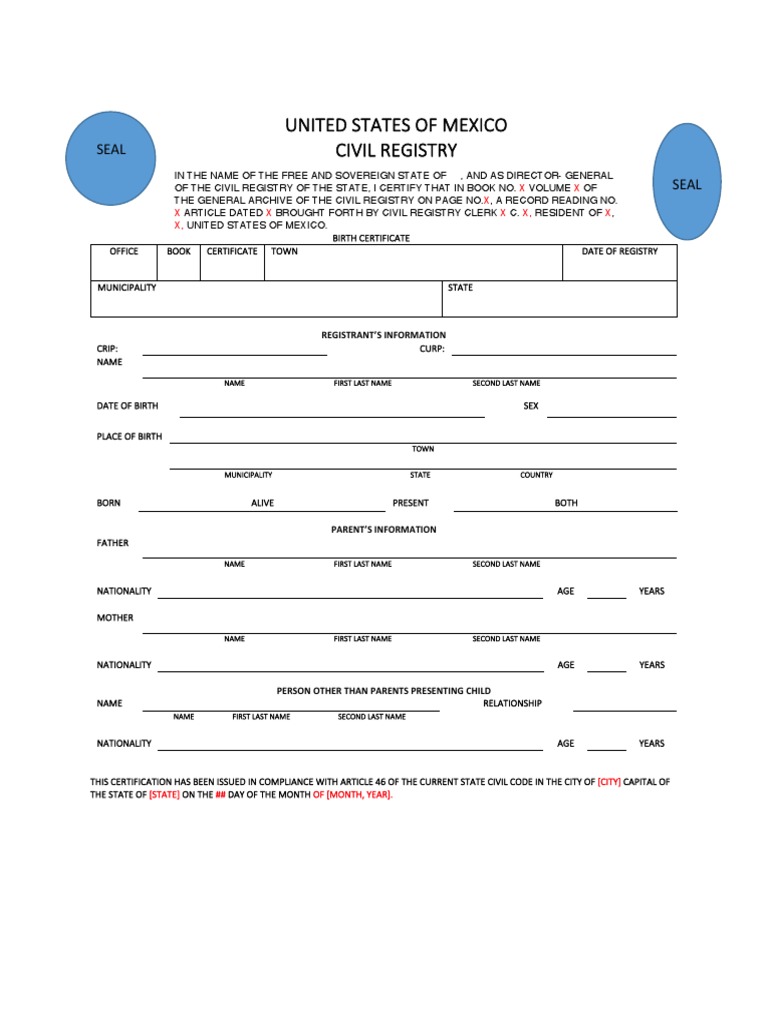 Sinaloa, Mexico Birth Certificate  PDF With Mexican Marriage Certificate Translation Template