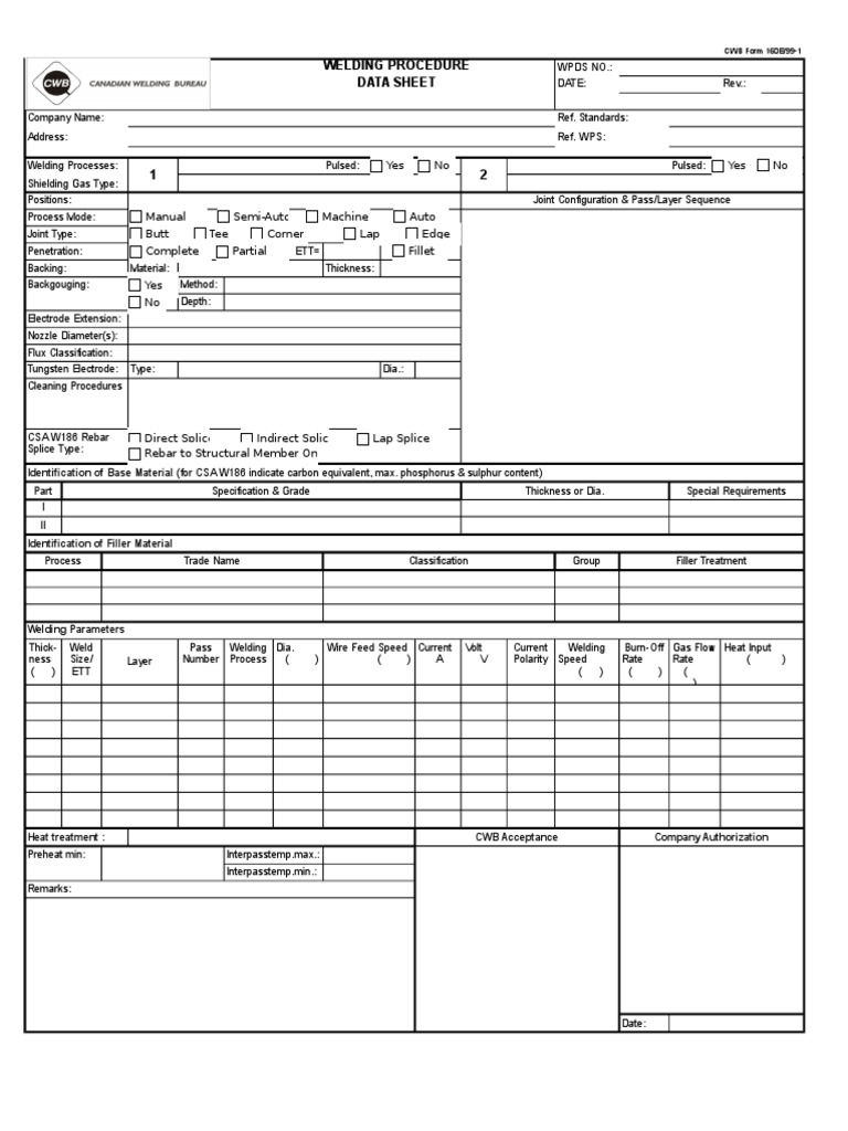 CWB Welding Procedure Data Sheet | PDF