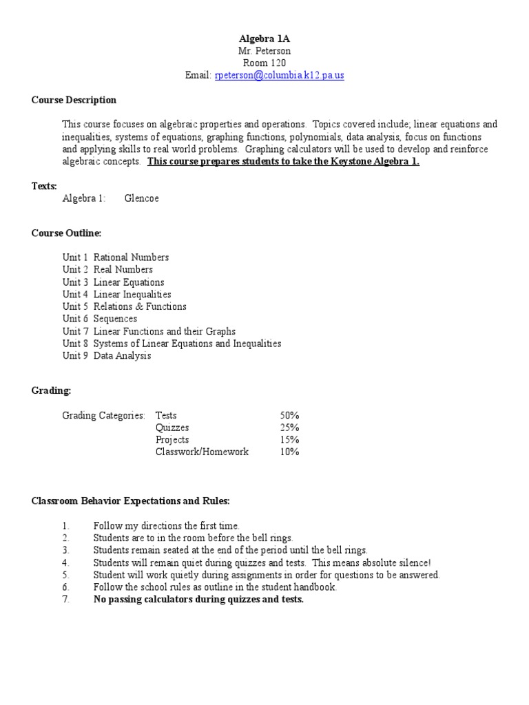 Algebra 1A Course Overview | PDF | Teaching Methods & Materials