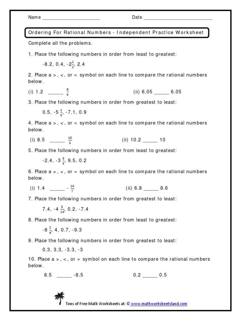 Order Rational Numbers Worksheet Pdf