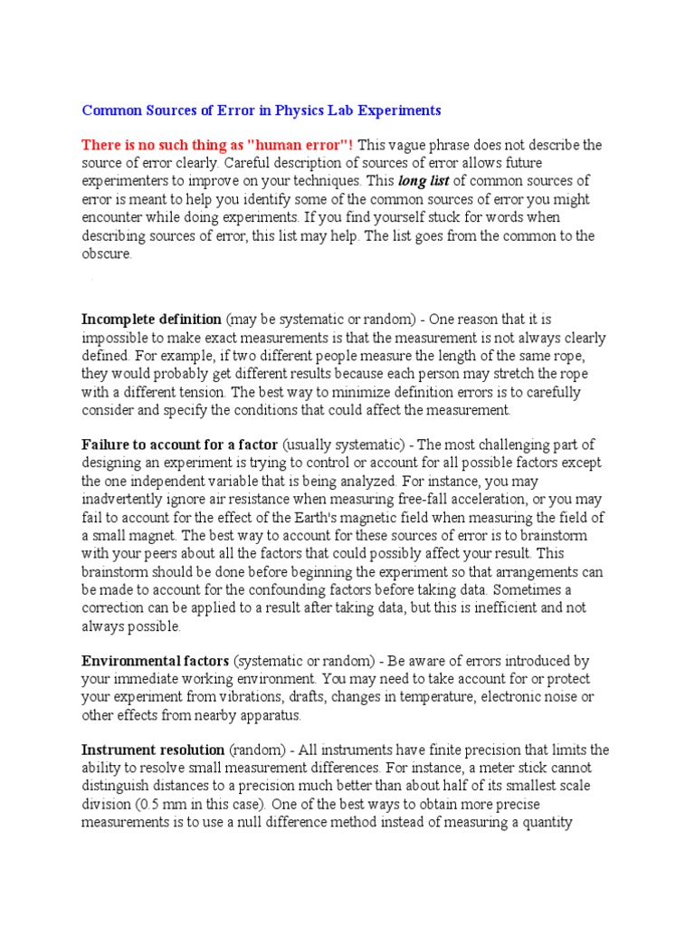 Common Errors in Physics Lab Experiments | PDF | Measuring Instrument ...