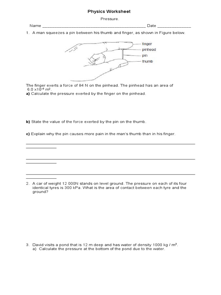 Physics Worksheet Pressure