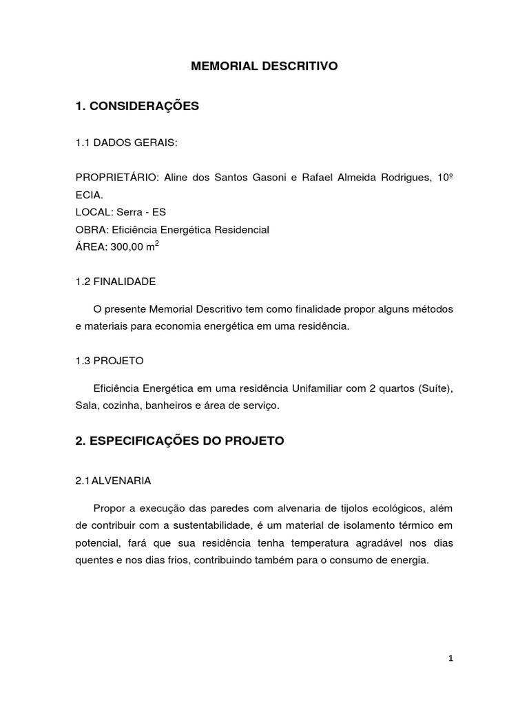 MEMORIAL DESCRITIVO - Eficiência Energética Residencial | Energia Solar ...