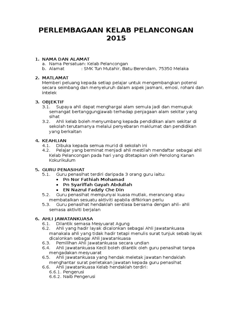 Perlembagaan Kelab Pelancongan Pdf