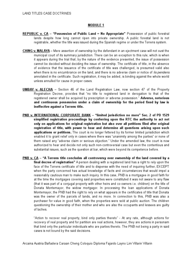 Land Titles Doctrines PDF Title (Property) Mortgage Law