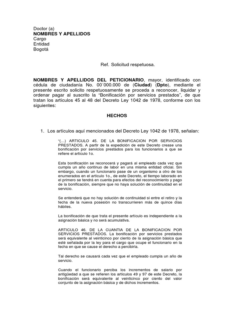 Modelo Universal Solicitud Reconocimiento y Pago de Bonificación Por Servicios Prestados