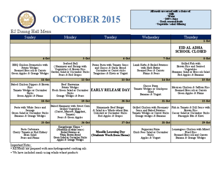 October School Lunch Menu | PDF | Cooking, Food & Wine