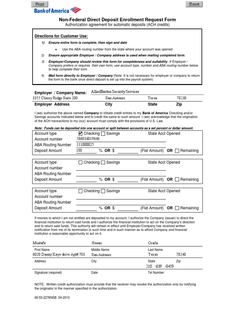 non federal direct deposit enrollment request form english | pdf