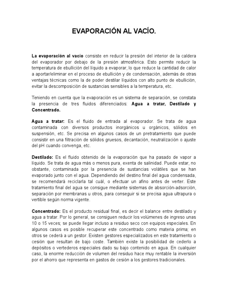 Evaporación Al Vacío PDF Destilación Agua