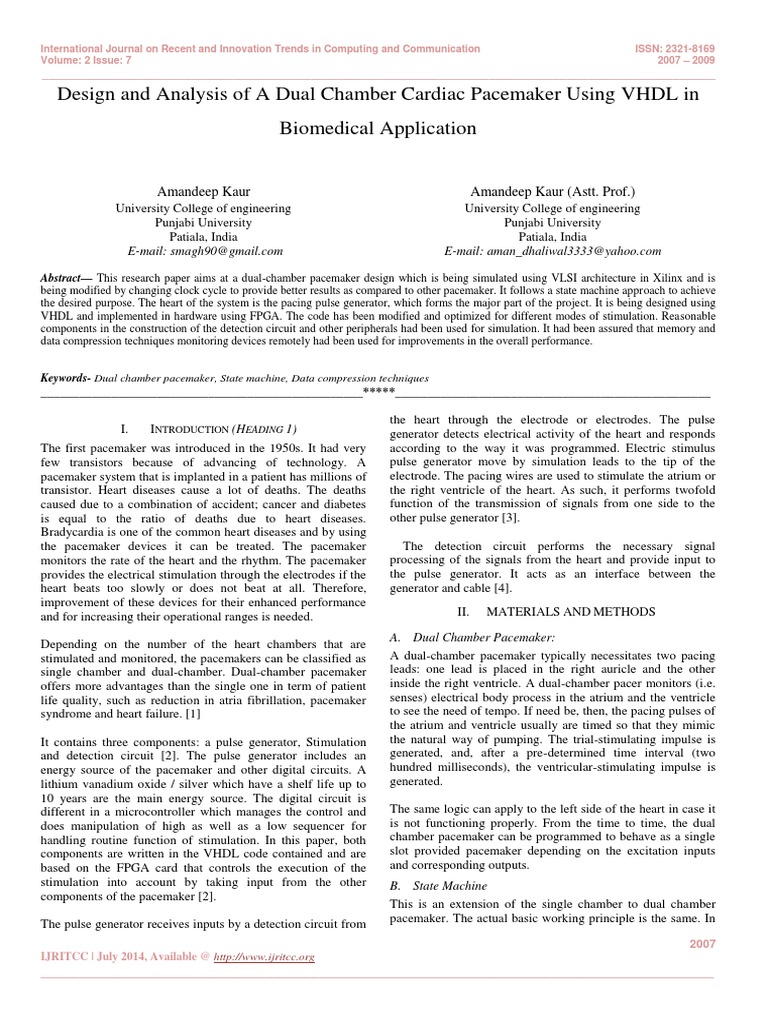 Design and Analysis of A Dual Chamber Cardiac Pacemaker Using VHDL in ...