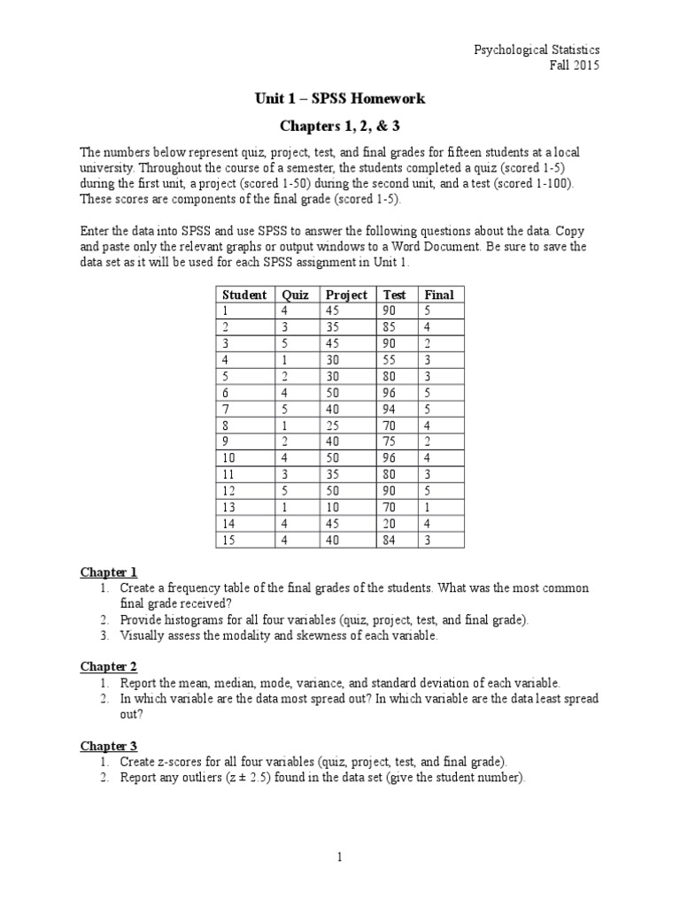 Unit 1 - SPSS Homework Chapters 1, 2, & 3: Student Quiz Project Test ...