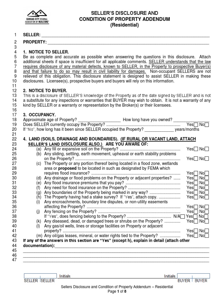 Seller'S Disclosure and Condition of Property Addendum (Residential