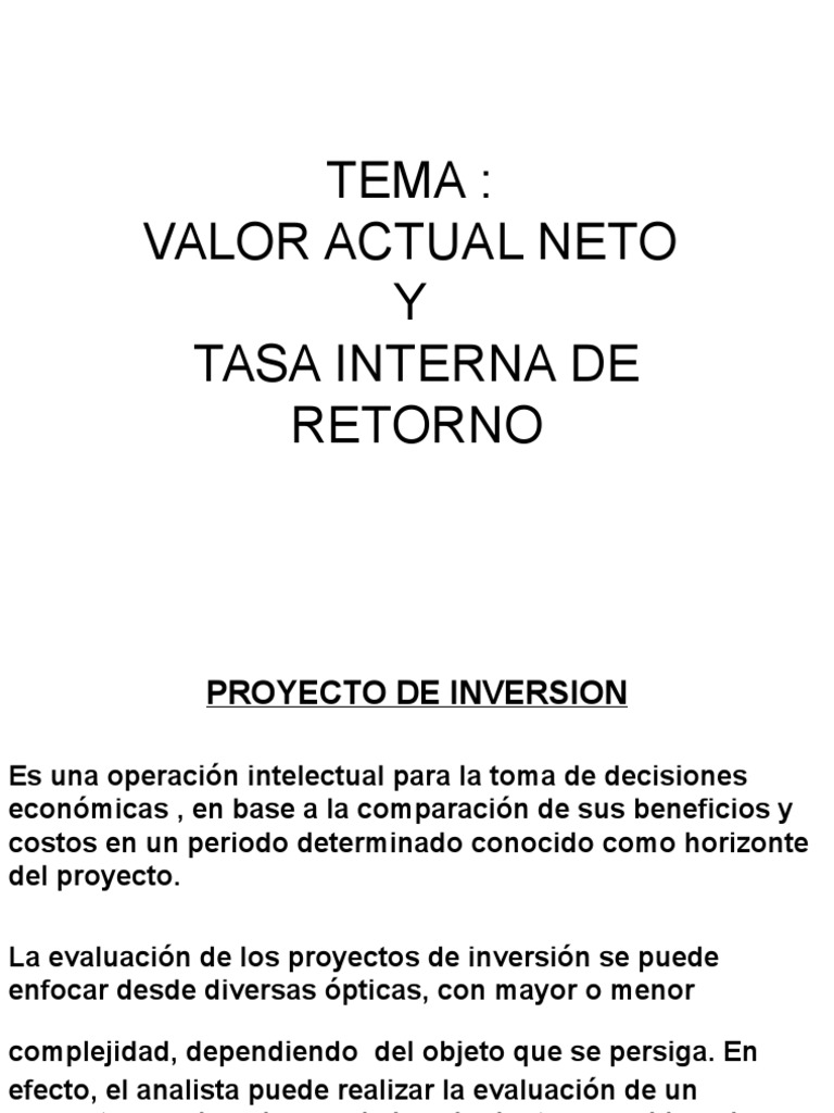 Valor Actual Neto y Tasa Interna Retorno | PDF | Valor presente neto ...