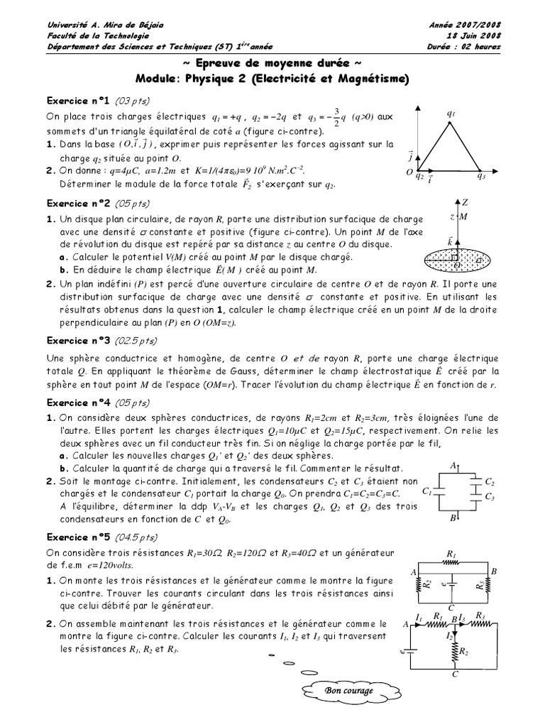 Force Et Champ électrostatique Exercices Corrigés 1ère S Pdf Examen+Corrigé Phys 2 1ère Année ST - 07-08 | PDF | Champ électrique |  Électrostatique