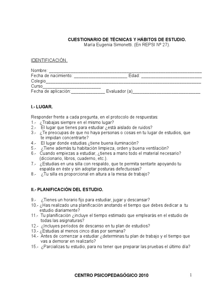 Cuestionario Hábitos Estudio | PDF | Crecimiento personal y profesional