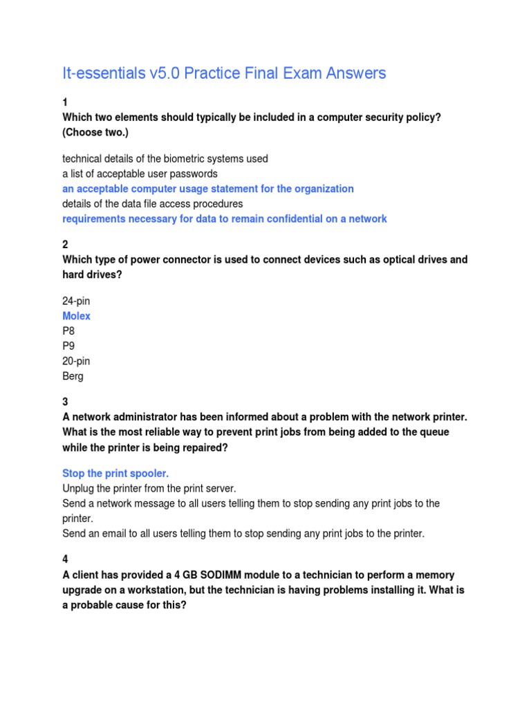 IT Essentials v5.0 Practice Exam Answers | PDF | Bios | Wireless Lan